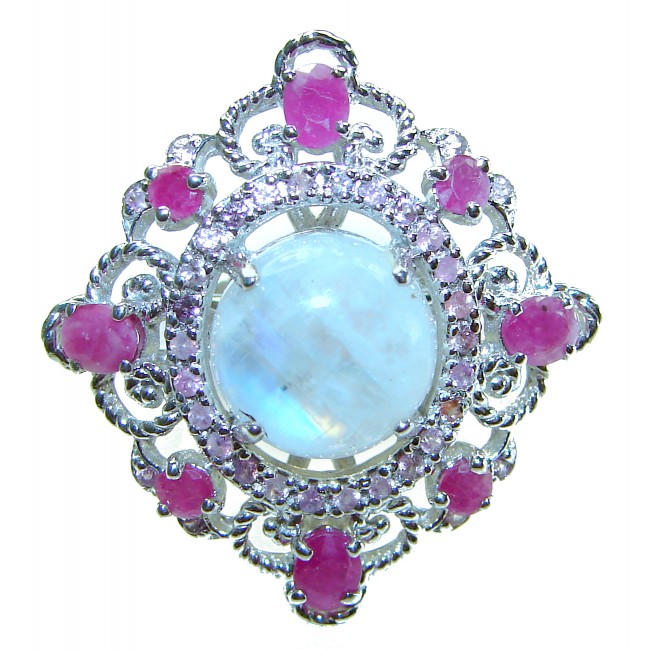 Vintage Style Rainbow Moonstone Ruby .925 Sterling Silver handmade Cocktail Ring s. 7 3/4