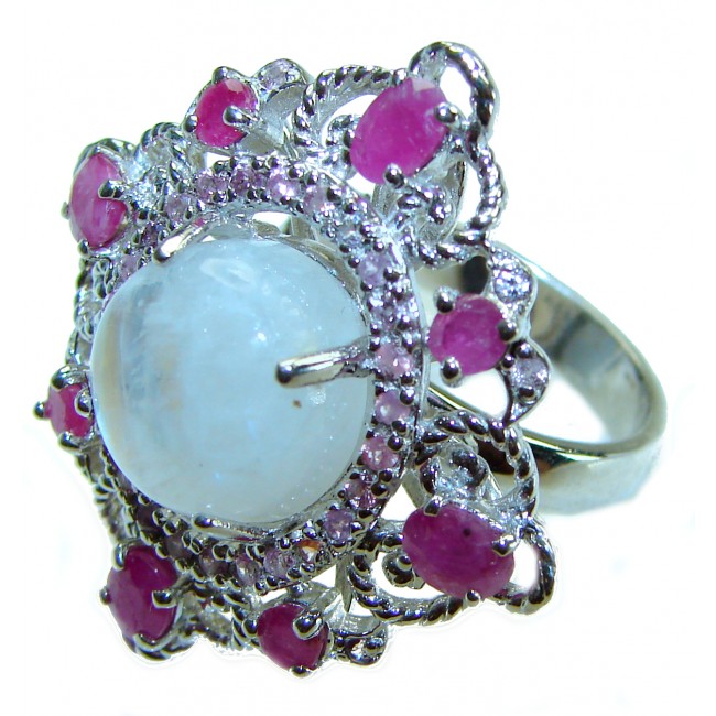 Vintage Style Rainbow Moonstone Ruby .925 Sterling Silver handmade Cocktail Ring s. 7 3/4