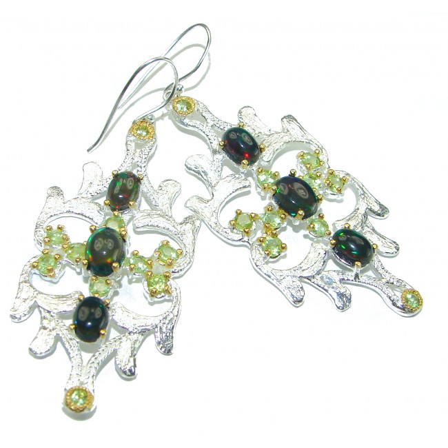 Brutalist design A Million Stars Black Opal 2 tones .925 Sterling Silver handcrafted Long earrings