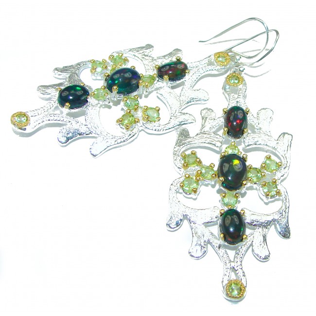 Brutalist design A Million Stars Black Opal 2 tones .925 Sterling Silver handcrafted Long earrings