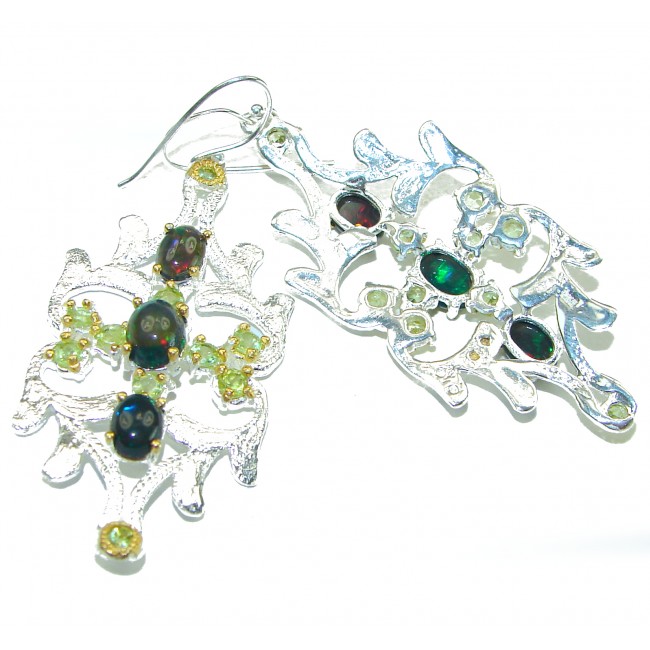 Brutalist design A Million Stars Black Opal 2 tones .925 Sterling Silver handcrafted Long earrings