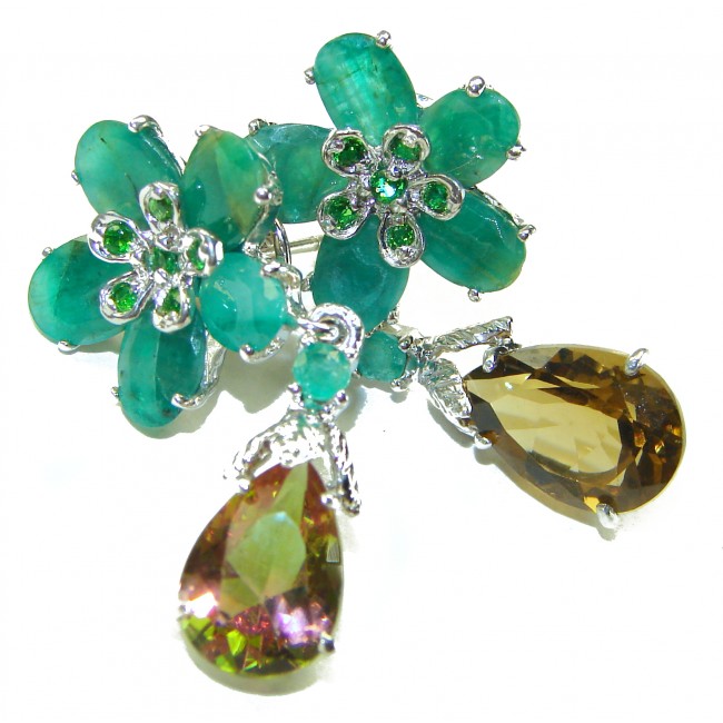 Floral design Alexandrite Emerald .925 Sterling Silver handcrafted Statement earrings