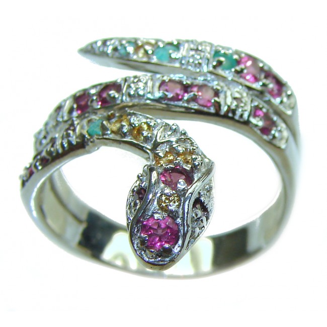 Red Snake Ruby Emerald .925 Sterling Silver Huge handcrafted Ring s. 9