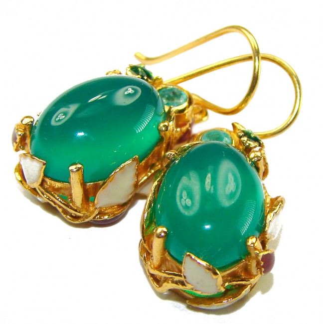 Very Unique Green Jade Enamel 18K Gold over .925 Sterling Silver handcrafted earrings