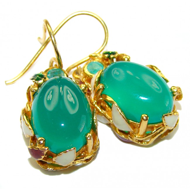 Very Unique Green Jade Enamel 18K Gold over .925 Sterling Silver handcrafted earrings