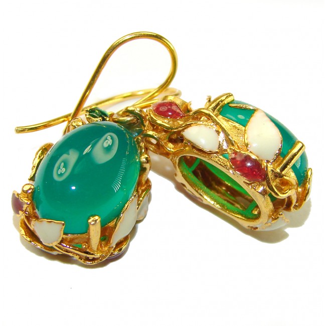 Very Unique Green Jade Enamel 18K Gold over .925 Sterling Silver handcrafted earrings