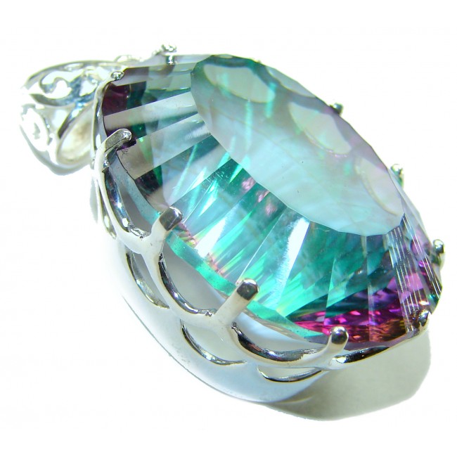 48.2 carat oval cut Mystic Aurora Topaz .925 Sterling Silver handcrafted Pendant