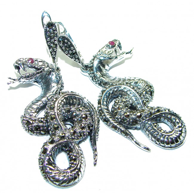 Snakes Ruby Marcasite .925 Sterling Silver handcrafted Earrings