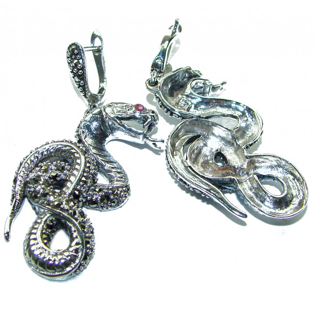 Snakes Ruby Marcasite .925 Sterling Silver handcrafted Earrings