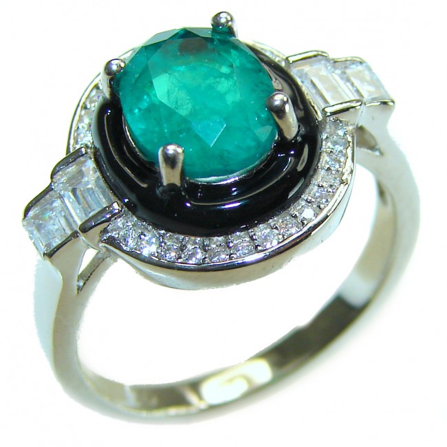 Art Deco Emerald black enamel .925 Sterling Silver handcrafted Ring size 7 1/4