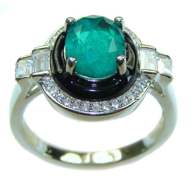 Art Deco Emerald black enamel .925 Sterling Silver handcrafted Ring size 7 1/4