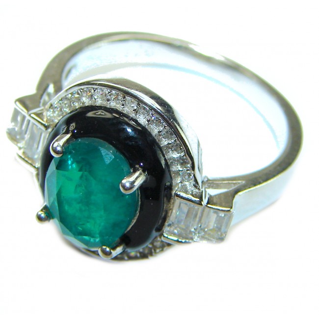 Art Deco Emerald black enamel .925 Sterling Silver handcrafted Ring size 7 1/4