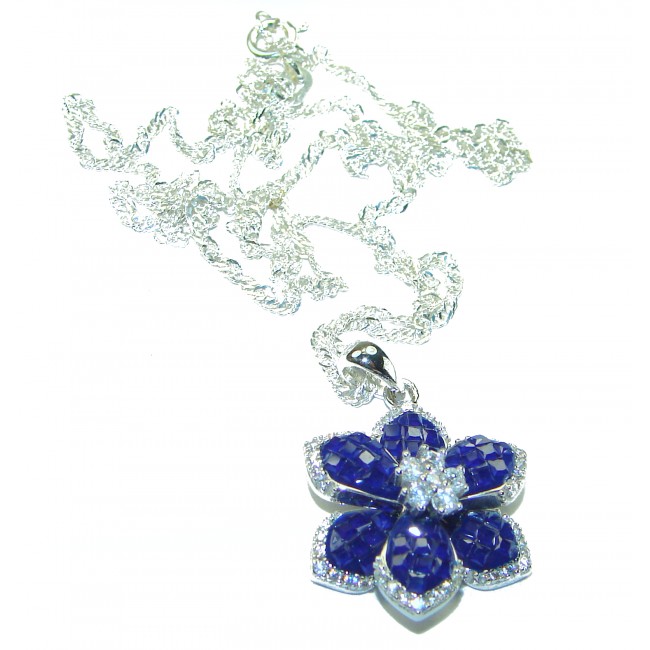 Great Masterpiece Flower genuine Sapphire .925 Sterling Silver handmade necklace