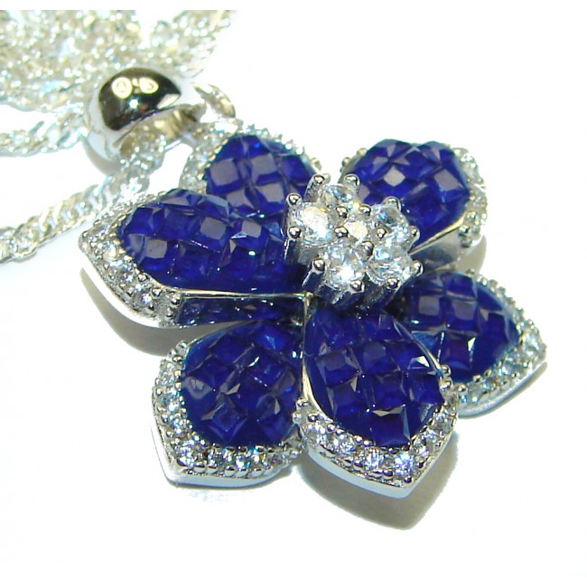 Great Masterpiece Flower genuine Sapphire .925 Sterling Silver handmade necklace