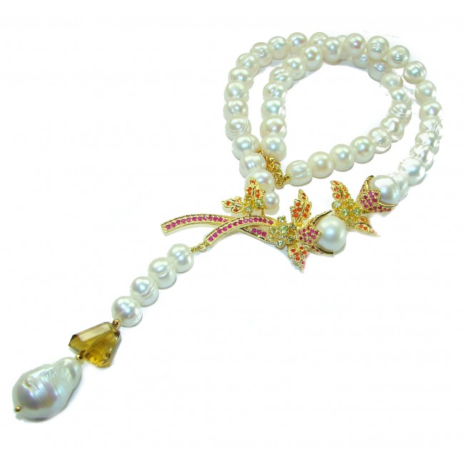 Precious Spring Flower genuine Ruby Freshwater Pearl 14k Gold over .925 Sterling Silver handcrafted Necklace