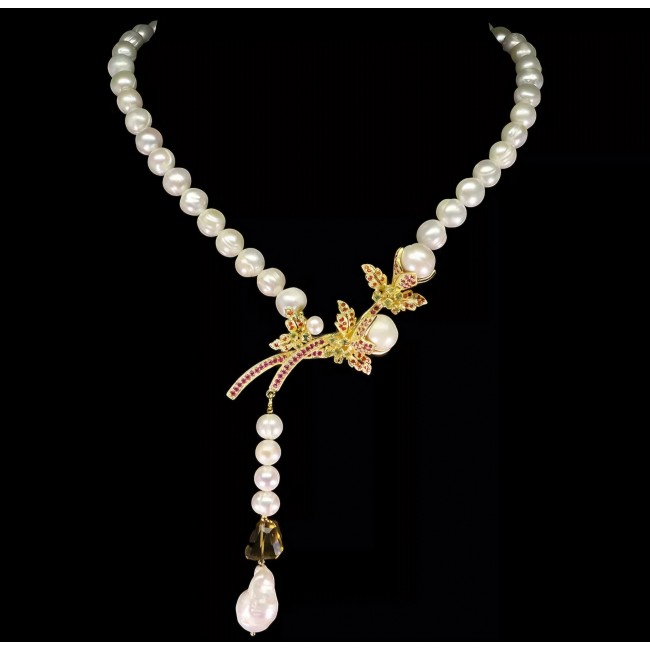 Precious Spring Flower genuine Ruby Freshwater Pearl 14k Gold over .925 Sterling Silver handcrafted Necklace