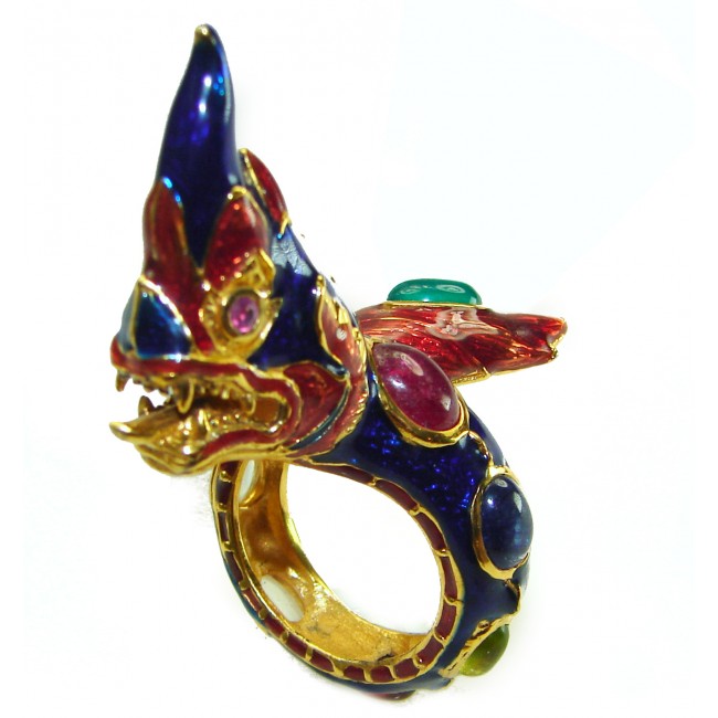 Dragon - symbolizes supernatural power- Enamel Ruby 18K Gold over .925 Sterling Silver Huge handcrafted Ring s. 8 1/4