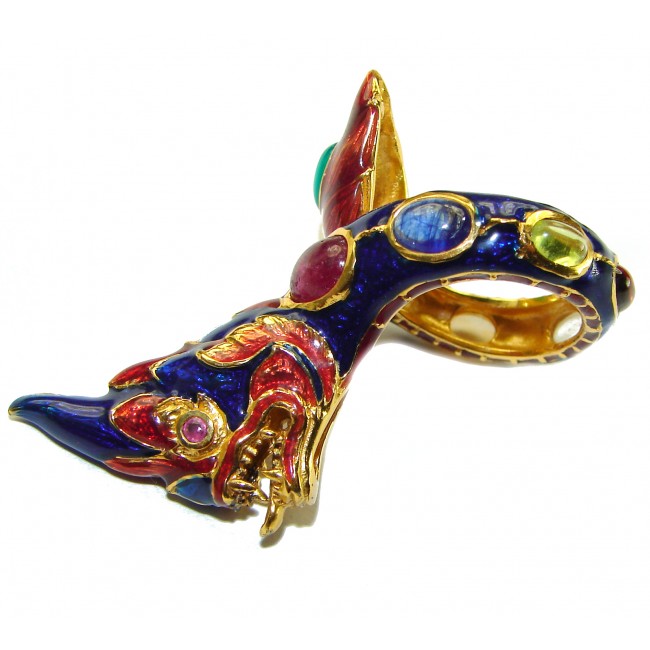 Dragon - symbolizes supernatural power- Enamel Ruby 18K Gold over .925 Sterling Silver Huge handcrafted Ring s. 8 1/4