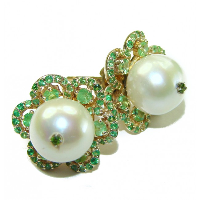 White Flowers natural Pearl Emerald 14K Gold over .925 Sterling Silver handcrafted Earrings