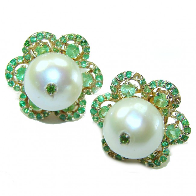 White Flowers natural Pearl Emerald 14K Gold over .925 Sterling Silver handcrafted Earrings