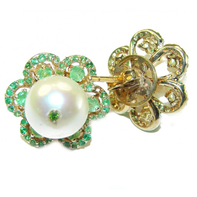 White Flowers natural Pearl Emerald 14K Gold over .925 Sterling Silver handcrafted Earrings