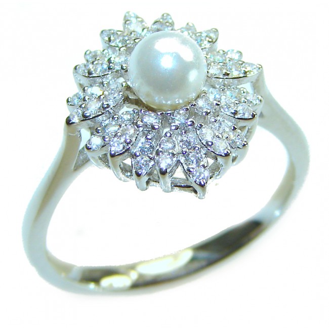 6.5 carat White Topaz Pearl .925 Sterling Silver handcrafted ring size 7 1/4