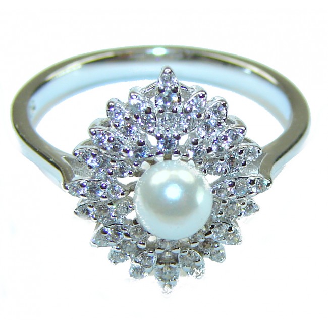 6.5 carat White Topaz Pearl .925 Sterling Silver handcrafted ring size 7 1/4