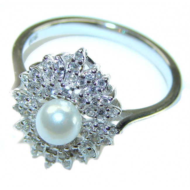 6.5 carat White Topaz Pearl .925 Sterling Silver handcrafted ring size 7 1/4