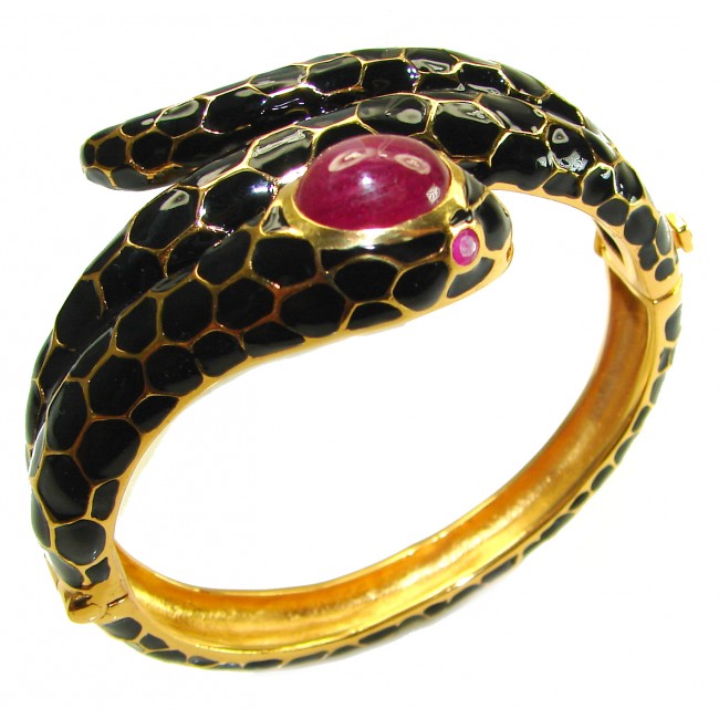 Huge Snake Genuine Ruby inlay Onyx 18K Gold over .925 Sterling Silver handcrafted Bracelet