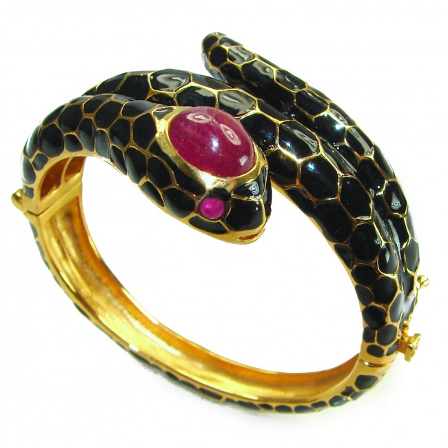 Huge Snake Genuine Ruby inlay Onyx 18K Gold over .925 Sterling Silver handcrafted Bracelet