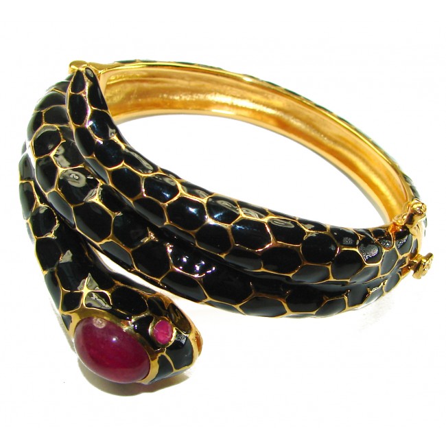 Huge Snake Genuine Ruby inlay Onyx 18K Gold over .925 Sterling Silver handcrafted Bracelet