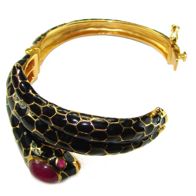 Huge Snake Genuine Ruby inlay Onyx 18K Gold over .925 Sterling Silver handcrafted Bracelet