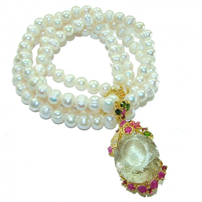 Baroque style Beauty freshewater Pearls genuine carved citrine .925 Sterling Silver handcrafted Necklace