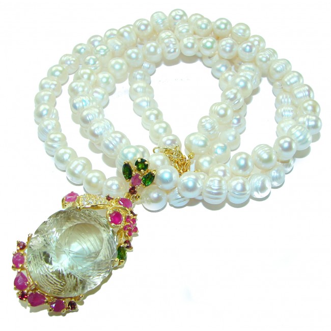 Baroque style Beauty freshewater Pearls genuine carved citrine .925 Sterling Silver handcrafted Necklace