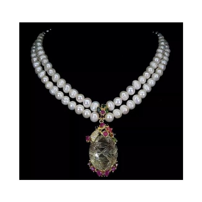 Baroque style Beauty freshewater Pearls genuine carved citrine .925 Sterling Silver handcrafted Necklace