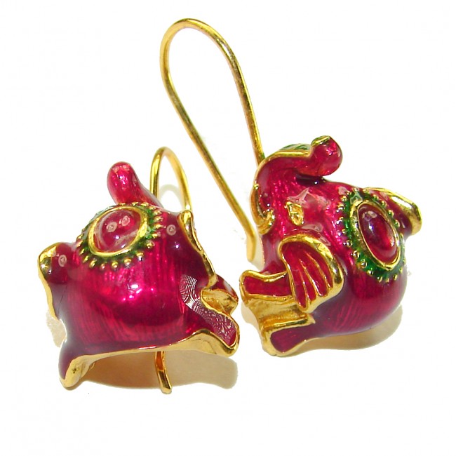 Very Unique Elephants Ruby Enamel 18K Gold over .925 Sterling Silver handcrafted earrings