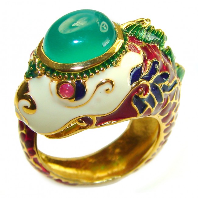 Luxurious Lucky Fish Jade black Enamel 18K Gold over .925 Sterling Silver Huge handcrafted Ring s. 7