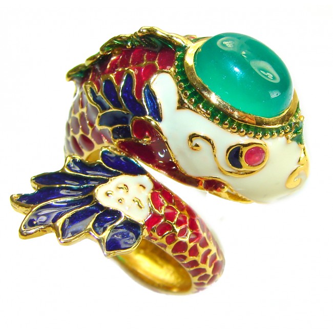 Luxurious Lucky Fish Jade black Enamel 18K Gold over .925 Sterling Silver Huge handcrafted Ring s. 7