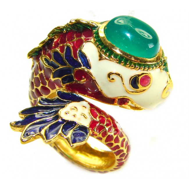 Luxurious Lucky Fish Jade black Enamel 18K Gold over .925 Sterling Silver Huge handcrafted Ring s. 7