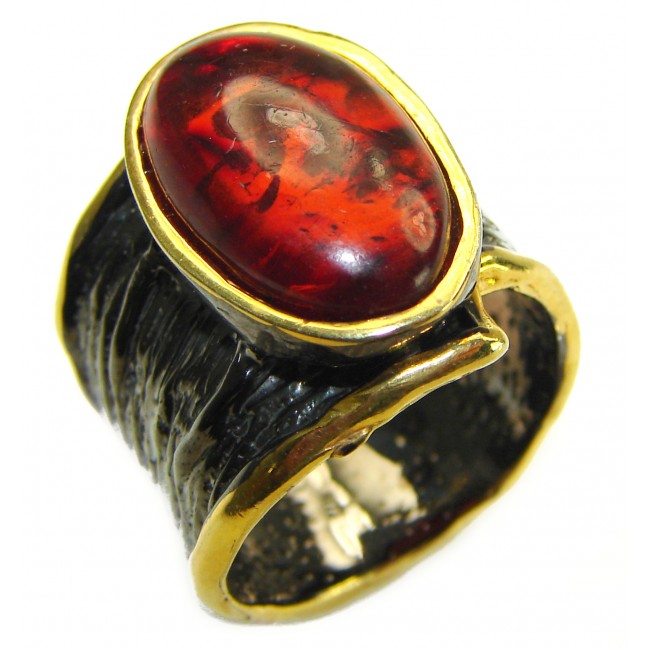 Large Authentic Baltic Amber 2 tones .925 Sterling Silver handcrafted ring s. 7 1/2