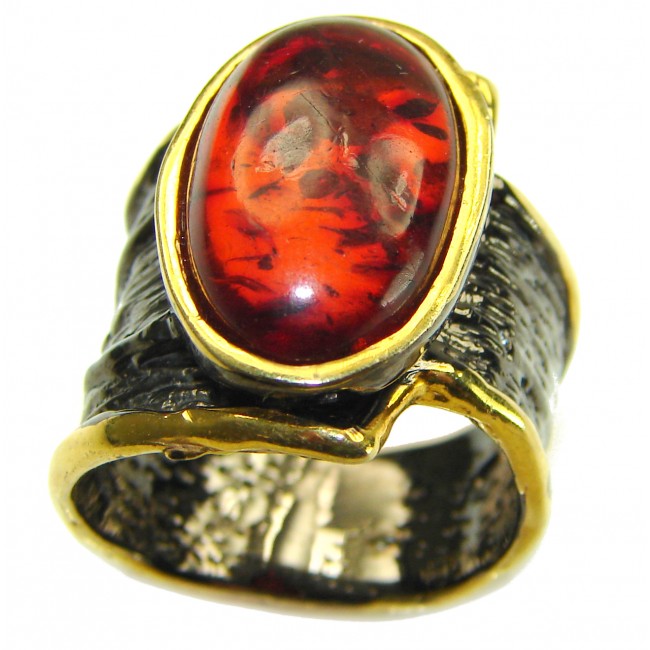 Large Authentic Baltic Amber 2 tones .925 Sterling Silver handcrafted ring s. 7 1/2