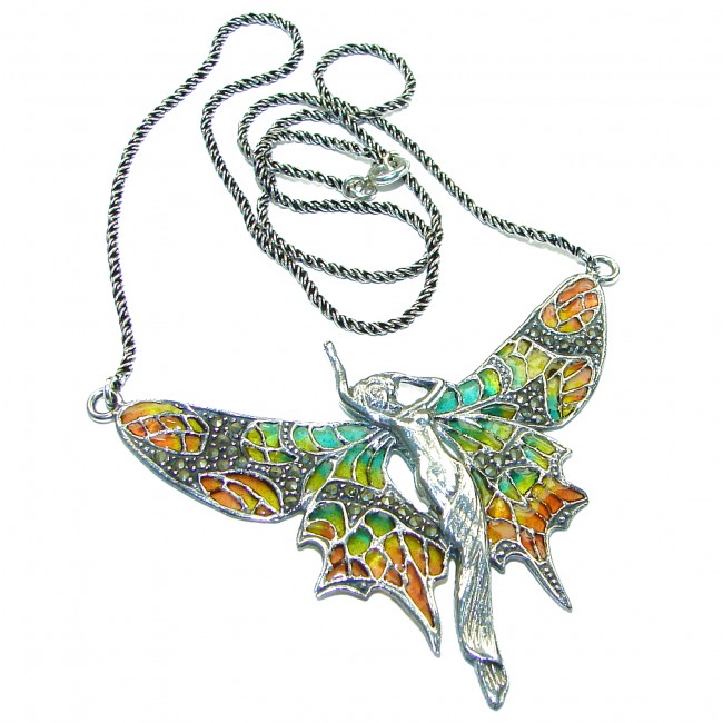 Awesome Flying Fairy Natural Enamel .925 Silver handcrafted Necklace