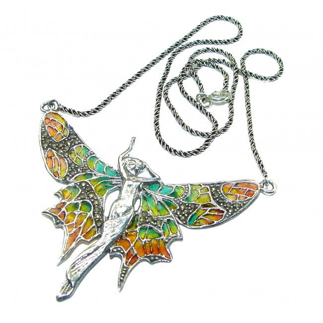 Awesome Flying Fairy Natural Enamel .925 Silver handcrafted Necklace