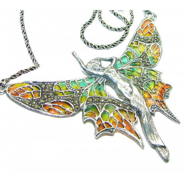 Awesome Flying Fairy Natural Enamel .925 Silver handcrafted Necklace