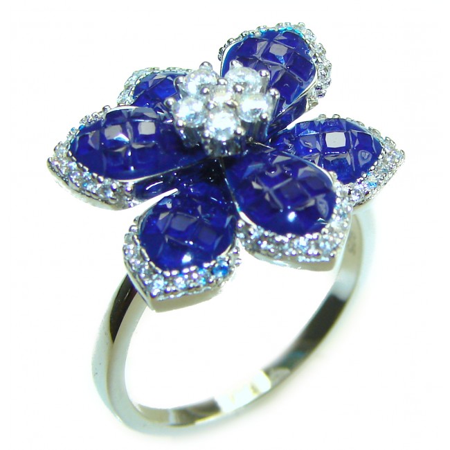 Luxurious Flower Sapphire .925 Sterling Silver handcrafted Ring size 8 1/4