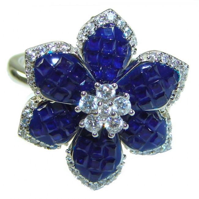 Luxurious Flower Sapphire .925 Sterling Silver handcrafted Ring size 8 1/4