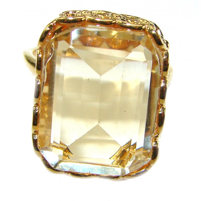 27.8 carat Genuine Lemon Quartz 14K Gold over .925 Sterling Silver handcrafted ring size 10 1/4