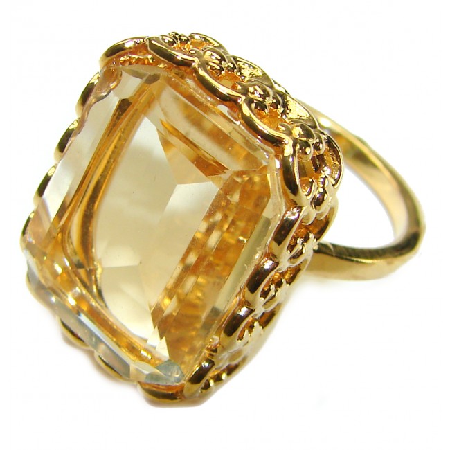 27.8 carat Genuine Lemon Quartz 14K Gold over .925 Sterling Silver handcrafted ring size 10 1/4