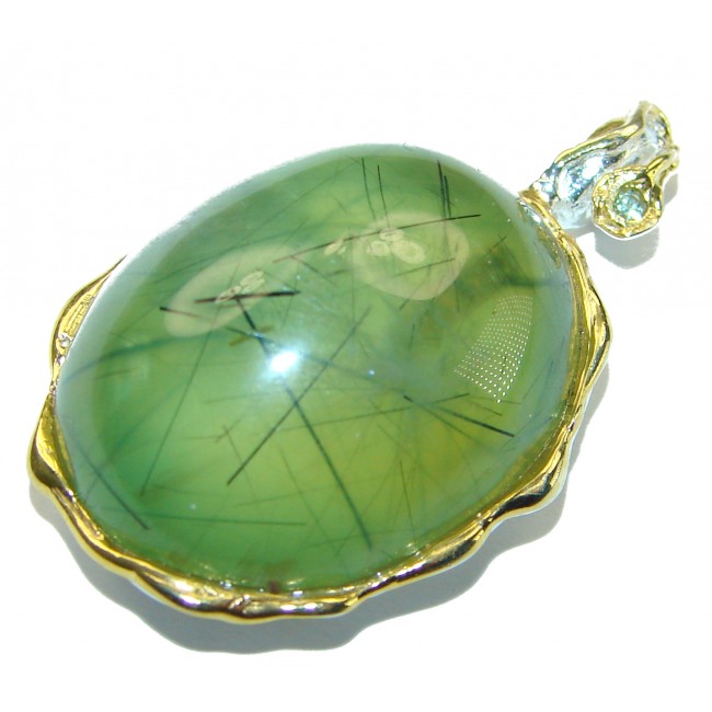 Deluxe 35.2 carat Prehnite 2tones .925 Sterling Silver handmade Pendant