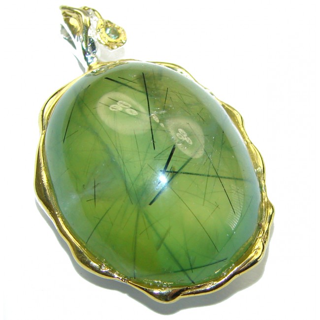 Deluxe 35.2 carat Prehnite 2tones .925 Sterling Silver handmade Pendant